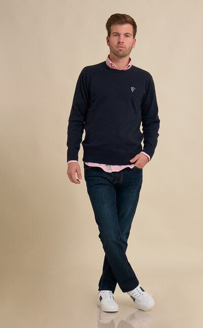 Round neck sweater with elbow patches | Marino