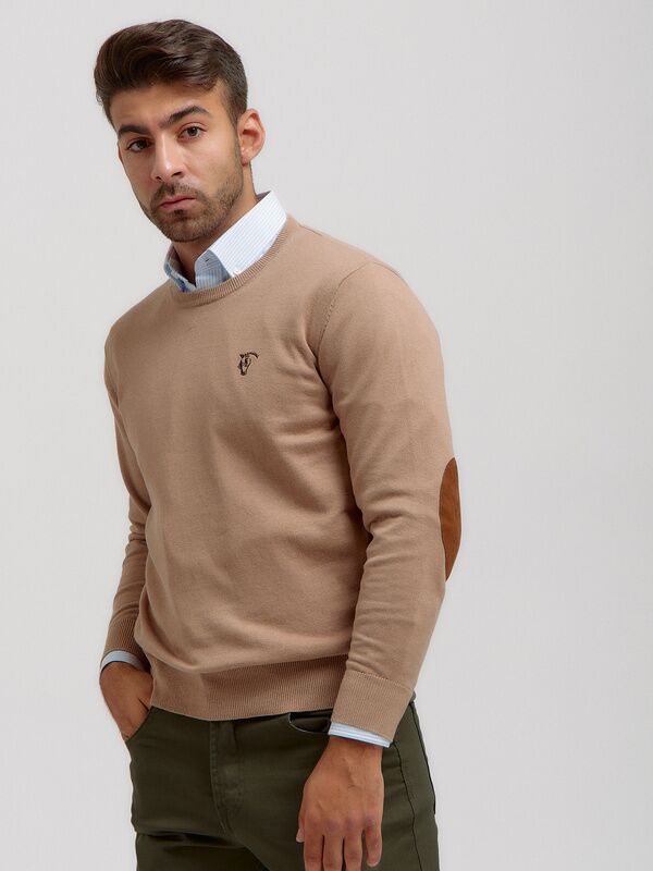 Round neck sweater wilth elbow patches | Taupe